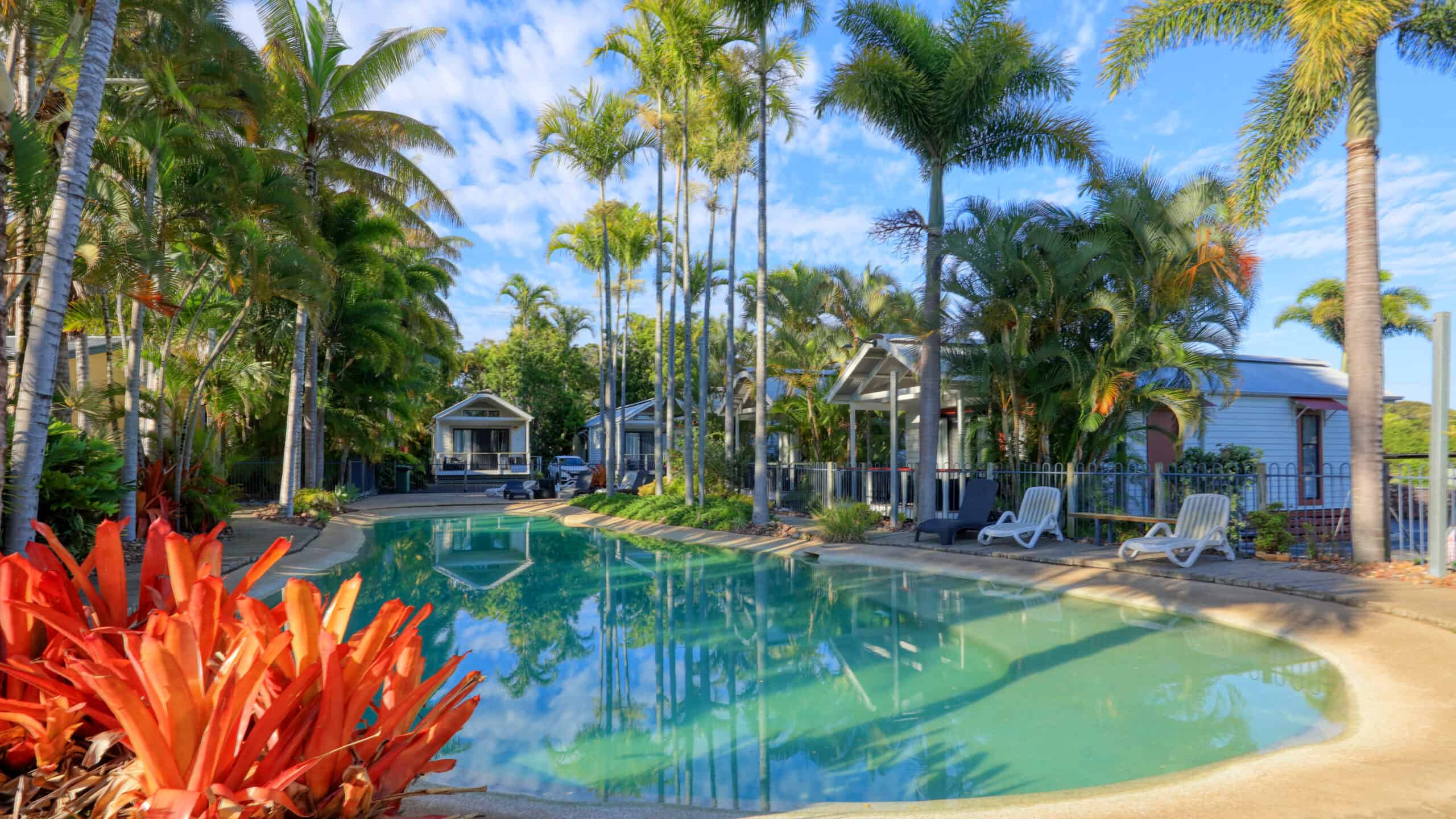 A beautiful pool area for relaxing at Rainbow Beach Holiday Village