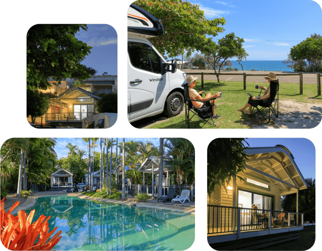 A collage of photos showing life at Rainbow Beach Holiday Village